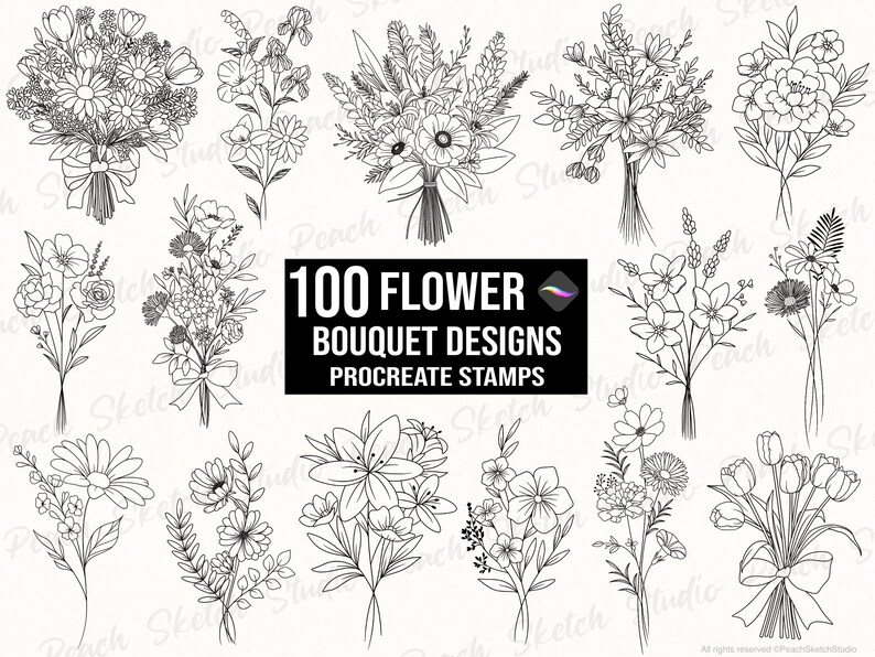 100 Flower Bouquet Procreate Stamps: Floral Fine Line Botanical ...