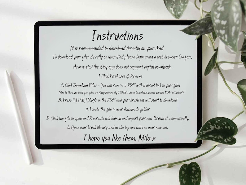 iPad mockup displaying information on how to download your procreate brush set. information is also included in the listing description.