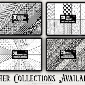 Display of other procreate pattern brush sets available which include ‘30 abstract pattern designs’, ‘30 basic seamless pattern designs’, ‘20 floral damask seamless pattern designs’ and ‘30 star and line patterns’