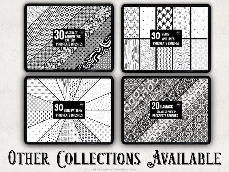 Display of other procreate pattern brush sets available which include ‘30 abstract pattern designs’, ‘30 basic seamless pattern designs’, ‘20 floral damask seamless pattern designs’ and ‘30 star and line patterns’