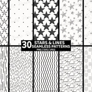 30 Stars & Lines Patterns, PNG JPEG SVG Seamless Digital Paper Designs (Digital Download)