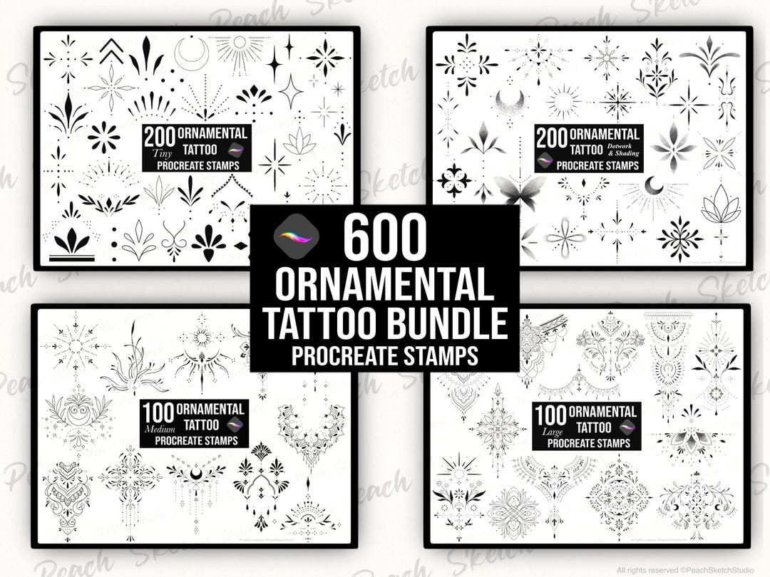 600 Ornamental Tattoo Procreate Stamps Bundle, Fine Line Tattoo Design ...