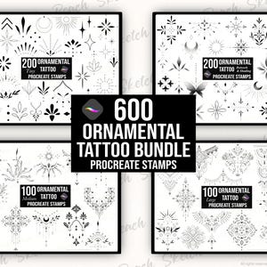 Op de afbeelding: Een bundel van 600 sierlijke tattoo Procreate-stempels. De afbeelding toont vier ingelijste sets van zwart-witte tattoo-ontwerpen, elk met een andere stijl. Elk frame heeft een label met het aantal stempels en de grootte, zoals "Tiny" of "Large".