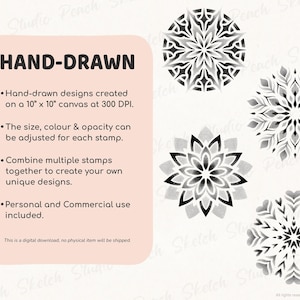 Information page for this Procreate Brush stamps set which states, hand-drawn designs created on a 10’ x 10’ canvas at 300 DPI. Each stamp can be resized, recolored, and combined, with personal and commercial use allowed. Note underneath ‘This is a digital download, no physical item will be shipped’. Four of the mandala designs included in the dotwork and shading versions shown next to the text.