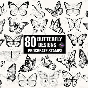 80 Butterfly Procreate Stamps, Butterflies Tattoo Designs Stencils Procreate Brushes (Digital Download)
