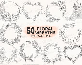 50 diseños de coronas florales: ilustraciones de marcos florales de líneas finas en formato SVG, PNG y JPEG (descarga digital).