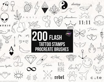 Flash Tattoo Procreate Stamps, 200 Fine Line Designs, Tattoo Stencils & Flash Sheets, Procreate Brushes