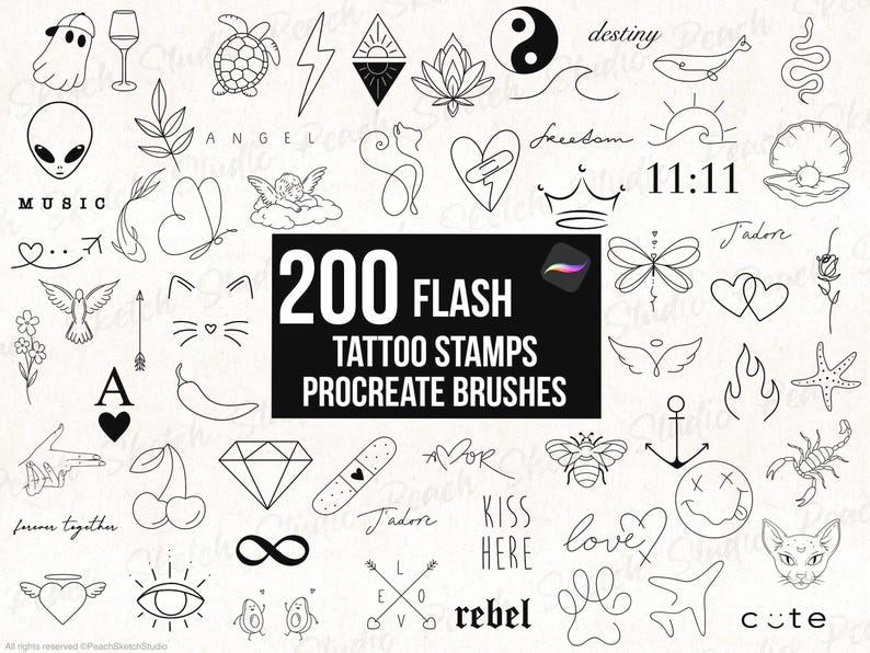 Procreate stamps set with 200 flash tattoo designs. A selection of the fine line tattoo stencil designs are shown at random in black. Designed for tattoo artists as stencils, flash tattoo sheets and digital illustrations in Procreate. They include simple and minimalist elements like hearts and love icons, animals, flowers and symbols. Digital Download.