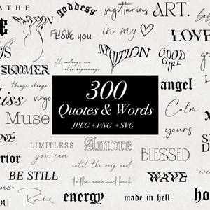 Paquete de 300 frases y palabras JPEG, PNG y SVG, con ilustraciones de frases inspiradoras, afirmativas y de línea fina, y frases prediseñadas.