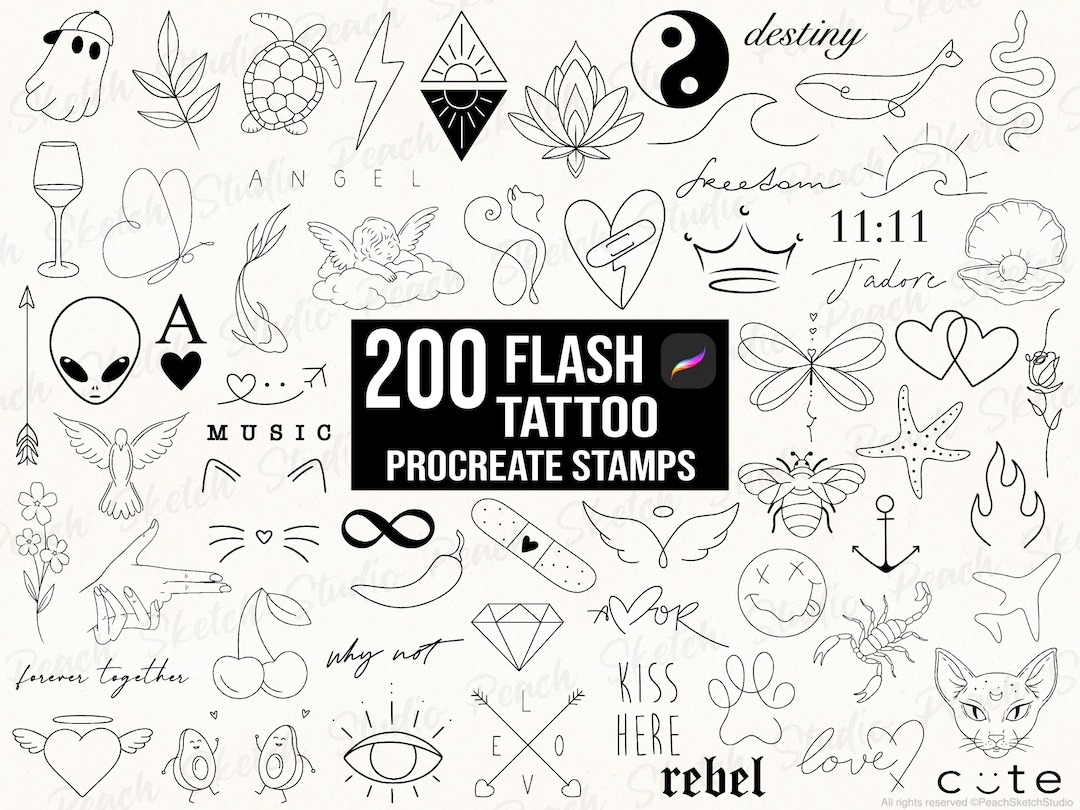 Flash Tattoo Procreate Stamps, 200 Fine Line Designs, Tattoo Stencils ...