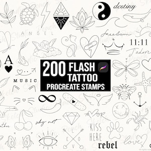 200 Flash Tattoo Procreate-stempels, fijne lijnontwerpen, tattoo-sjablonen en flashsheets, Procreate-penselen (digitale download)