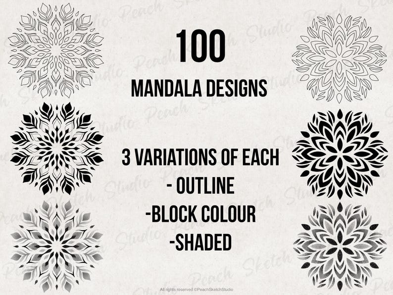 100 different Mandala Designs included. Three variations of each design: outline, block color, and dotwork shading. Selection of the mandala designs are shown showing the variations.