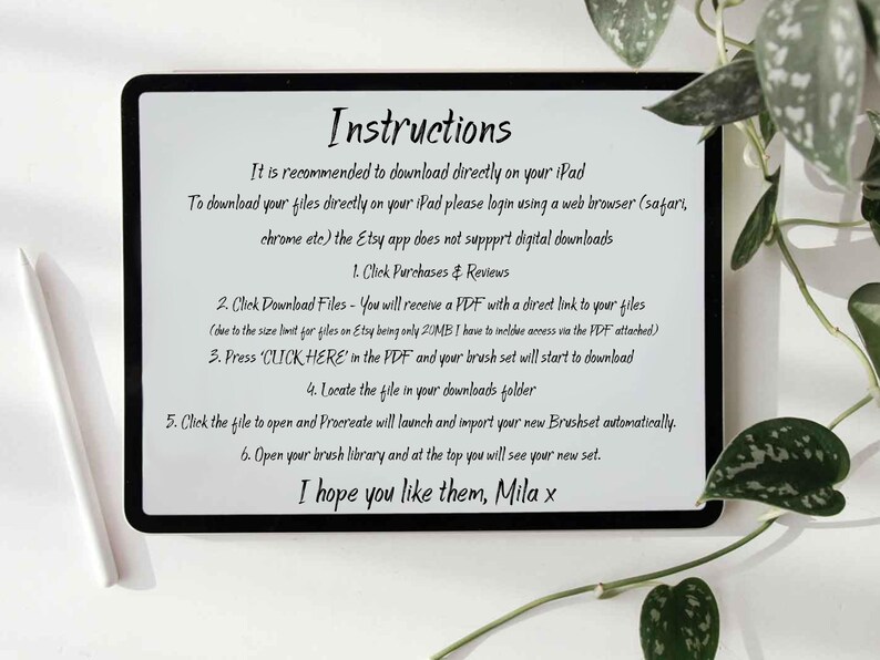 iPad screen mock up showing download instructions for Procreate brush files which can also be found in listing description.