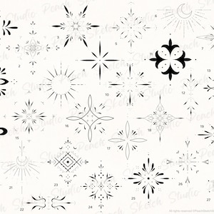 Overview image of the ornamental tattoo designs included from 1 to 27. Each design has black fine lines with delicate details. Hand drawn tattoo stencil procreate stamps.