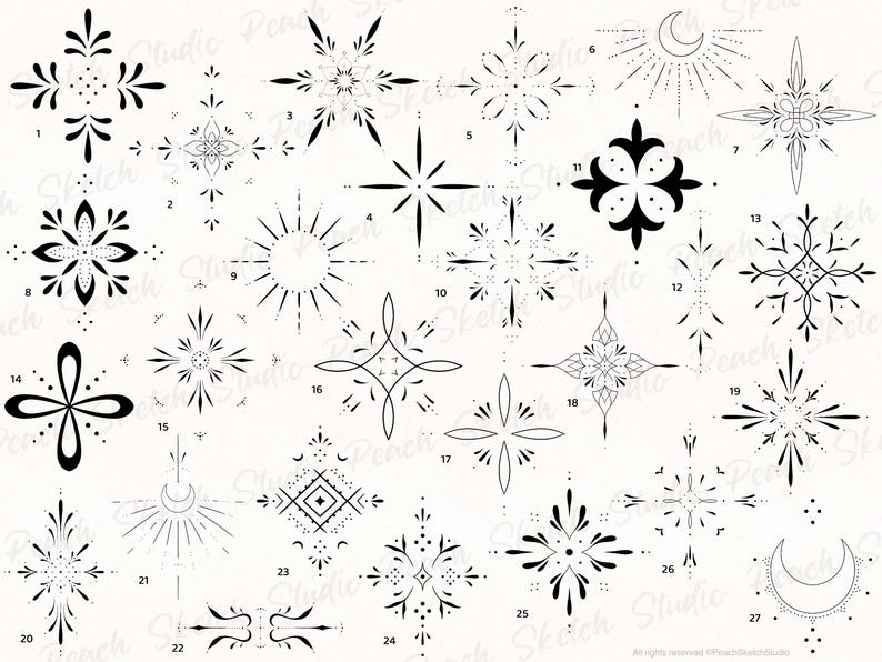 Overview image of the ornamental tattoo designs included from 1 to 27. Each design has black fine lines with delicate details. Hand drawn tattoo stencil procreate stamps.