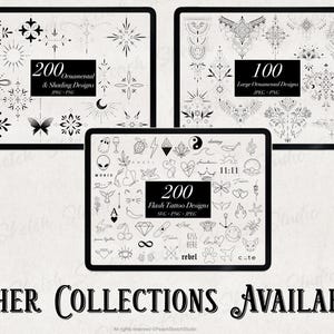 A display of other image file sets available which include ‘200 Small Ornamental Designs’, ‘100 Large Ornamental designs’ and ‘200 Flash Tattoo Designs’. These can be found in Peach Sketch Studio Etsy shop.
