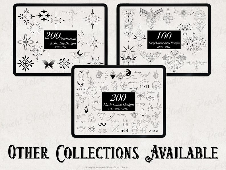 A display of other image file sets available which include ‘200 Small Ornamental Designs’, ‘100 Large Ornamental designs’ and ‘200 Flash Tattoo Designs’. These can be found in Peach Sketch Studio Etsy shop.