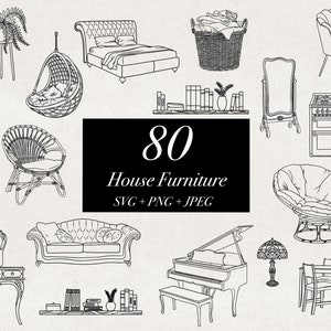 80 Ilustrações de pacote SVG PNG JPEG de móveis para casa, design de interiores, itens de casa, sofá-cama, cadeira, clip art, download digital desenhado à mão