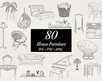 80 House Furniture SVG PNG JPEG Bundle Illustrations, Interior Design, House Items, Sofa Bed Chair Clip Art Hand Drawn Digital Download