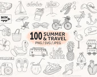 100 Sommer & Reise Designs, SVG PNG Urlaub Line Art Doodles handgezeichnete Clipart (digitaler Download)