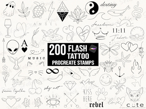 200 Flash Tattoo Procreate Stamps, Fine Line Stencil Tattoo Designs, Procreate Brushes (Digital Download)