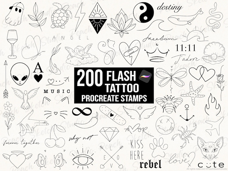 Procreate stamps set with 200 flash tattoo designs. A selection of the fine line tattoo stencil designs are shown at random in black. Designed for tattoo artists as stencils, flash tattoo sheets and digital illustrations in Procreate. They include simple and minimalist elements like hearts and love icons, animals, flowers and symbols. Digital Download.