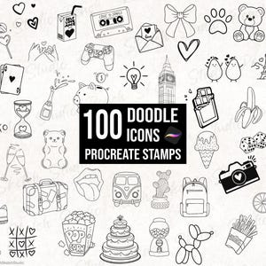 100 timbri Procreate Doodle, disegni di stencil per tatuaggi flash casuali, pennelli Procreate (download digitale)