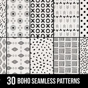 May include: A set of 30 black and white seamless patterns in a boho style. The patterns are 10 inches by 10 inches and are available in JPEG and PNG formats.