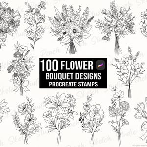 100 stämplar för blombukett, Procreate-stämplar, blommiga fina linjer och botaniska mönster, Procreate-penslar (digital nedladdning)