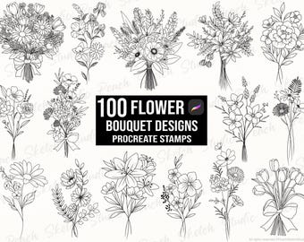 100 bloemenboeket Procreate-stempels, fijne botanische bloemenontwerpen, procreate-penselen (digitale download)