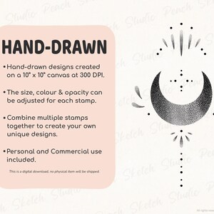 Listing image describing hand-drawn Procreate stamps. Text explains designs are created on a 10 by 10 inch canvas at 300 DPI, can be resized and adjusted in color and opacity, and combined to create custom designs. Personal and commercial use allowed. Decorative black ornamental line art is shown on the right.