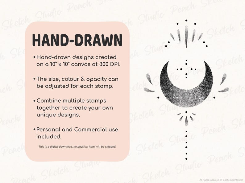 Listing image describing hand-drawn Procreate stamps. Text explains designs are created on a 10 by 10 inch canvas at 300 DPI, can be resized and adjusted in color and opacity, and combined to create custom designs. Personal and commercial use allowed. Decorative black ornamental line art is shown on the right.