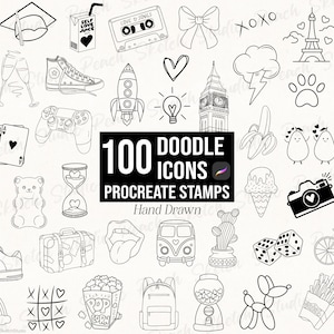 100 sellos Doodle Procreate, plantillas de diseño de tatuajes Flash aleatorias, pinceles Procreate dibujados a mano (descarga digital)