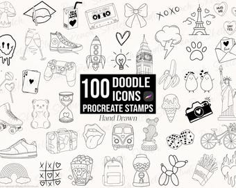 100 Doodle Procreate Stamps, Random Flash Tattoo Design Stencils, Hand Drawn Procreate Brushes (Digital Download)