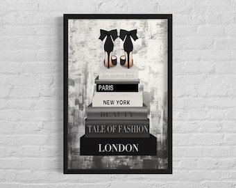 Fashion Book Stack Wall Art Poster Print, Bedroom Art, Printable, Fashion Beauty Poster, Dark Aesthetics, Stiletto Heel Art Digital Download