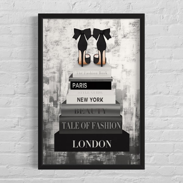 Fashion Book Stack Wall Art Poster Print, Slaapkamer Kunst, Afdrukbaar, Fashion Beauty Poster, Donkere esthetiek, Stiletto Heel Art Digitale Download