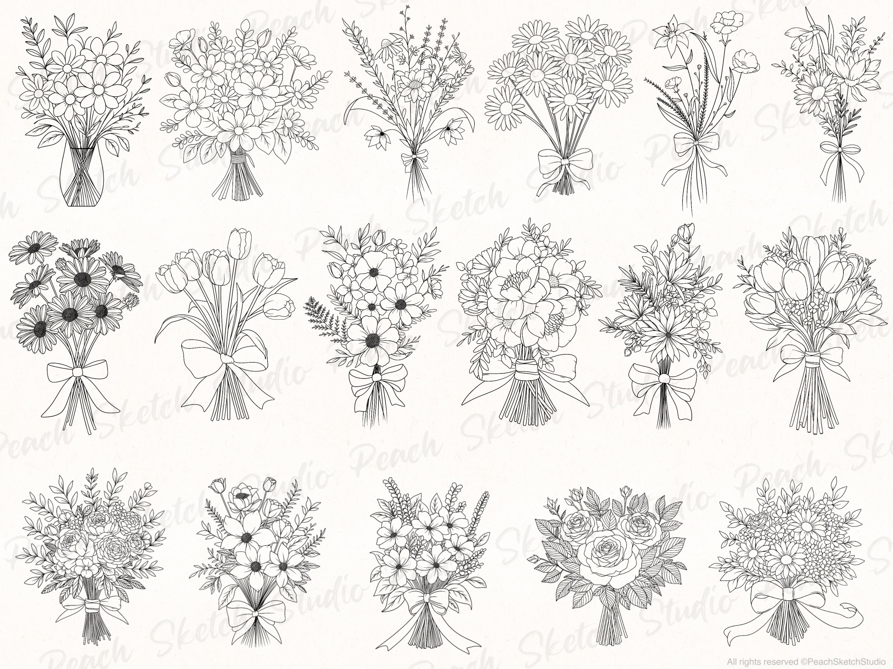 100 Flower Bouquet Procreate Stamps, Floral Fine Line Botanical Designs ...