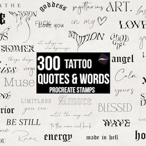 Conjunto de 300 palavras e citações Procreate Stamp Brush, estênceis de tatuagem, linhas finas positivas inspiradoras, frases de afirmação, pacote Procreate