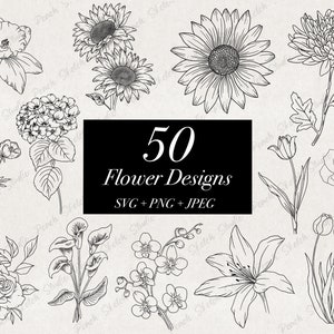 Paquete de 50 flores SVG PNG JPEG, flores silvestres, diseños florales delicados, clip art de línea botánica, paquete floral, arte de boda, Cricut, hojas