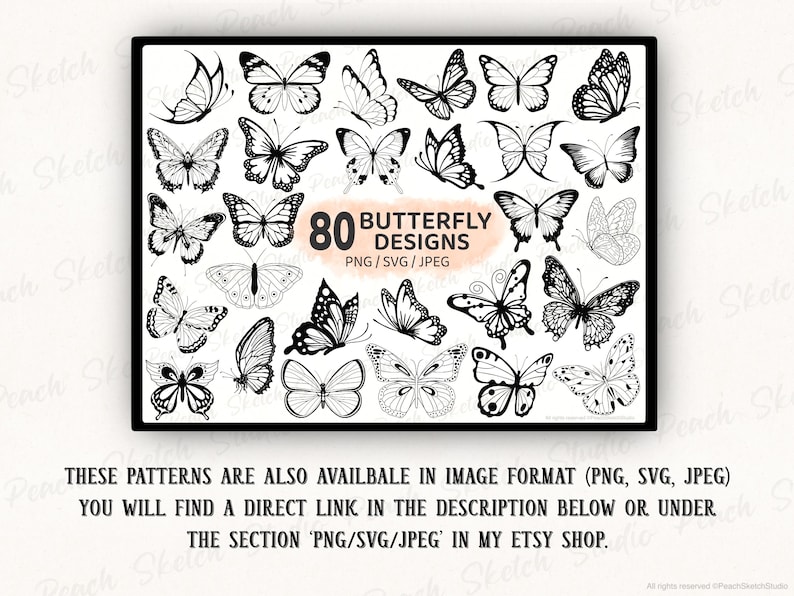 80 butterfly procreate brush stamps are also available in image format, PNG, JPEG and SVG. A link is included in the listing description or visit the Etsy store for Peach Sketch Studio.