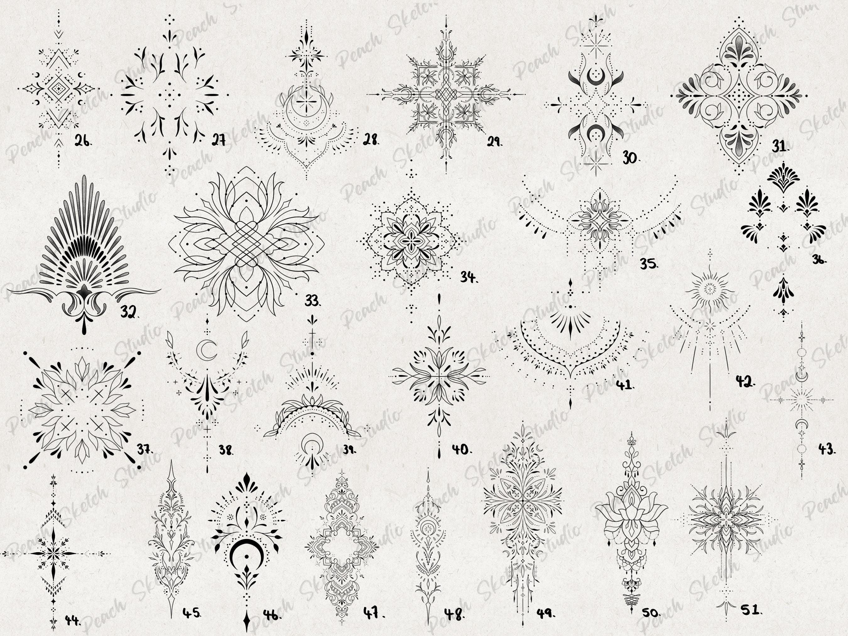 100 Ornamental Tattoo Designs: PNG JPEG Fine Line Tattoo Stencil ...