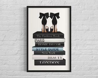 Fashion Book Stack Wall Art Poster Print, Bedroom Art, Printable, Fashion Beauty Poster, Blue Aesthetics, Stiletto Heel Art Digital Download