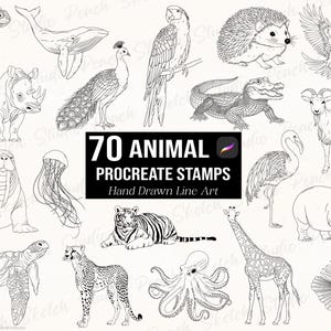 70 Animal Procreate Stamps: Wildlife Line Art Designs, Procreate Brushes (Digital Download)