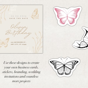 A digital illustration set of four black and white butterfly designs. The butterflies are in various poses. The text "Use these designs to create your own business cards, stickers, branding, wedding invitations and countless more projects" is below the butterflies.