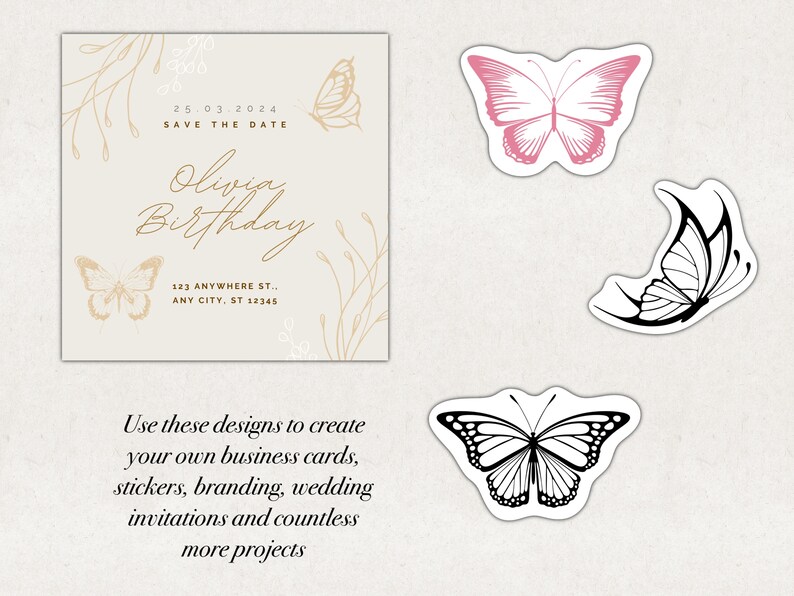 A digital illustration set of four black and white butterfly designs. The butterflies are in various poses. The text "Use these designs to create your own business cards, stickers, branding, wedding invitations and countless more projects" is below the butterflies.