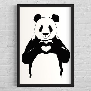 Póster de Panda con corazón, impresión artística para pared, póster para habitación infantil, decoración del hogar, estilo arte callejero, estilo Banksy, adorable, minimalista, descarga digital
