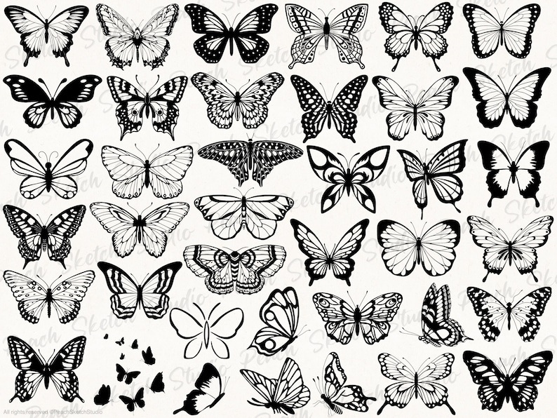 An overview display of some of the butterfly designs included, mixed between fancy, minimalistic and detailed butterflies. Ideal for tattoo flash designs and stencils and other digital projects.