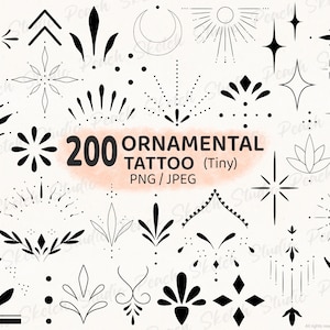 200 pequenos designs de tatuagem ornamental: estêncil de filigrana de linha fina PNG JPEG (download digital)