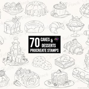 70 sellos de Procreate de pasteles y postres, pinceles de Procreate con diseños de panadería y comida (descarga digital)