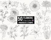 50 Flower Procreate Stamps, Fine Line Tattoo Designs, Floral & Botanical Procreate Brushes (Digital Download)